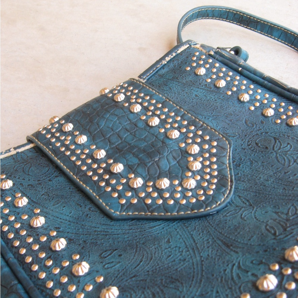 Montana West Blue Studded Shoulder Bag with Ornate Design